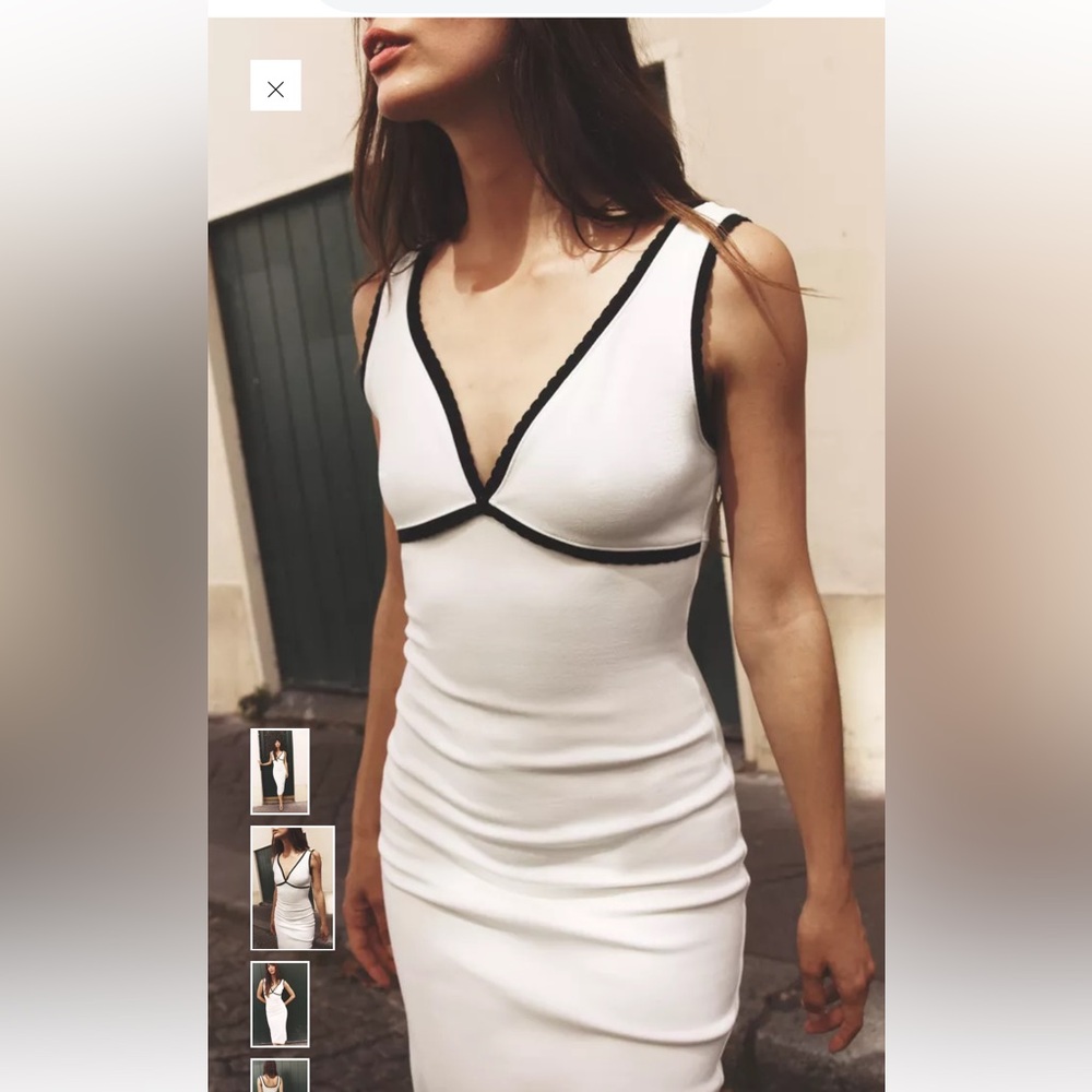 ZARA Chic White Midi Dress with Black Trim NWT